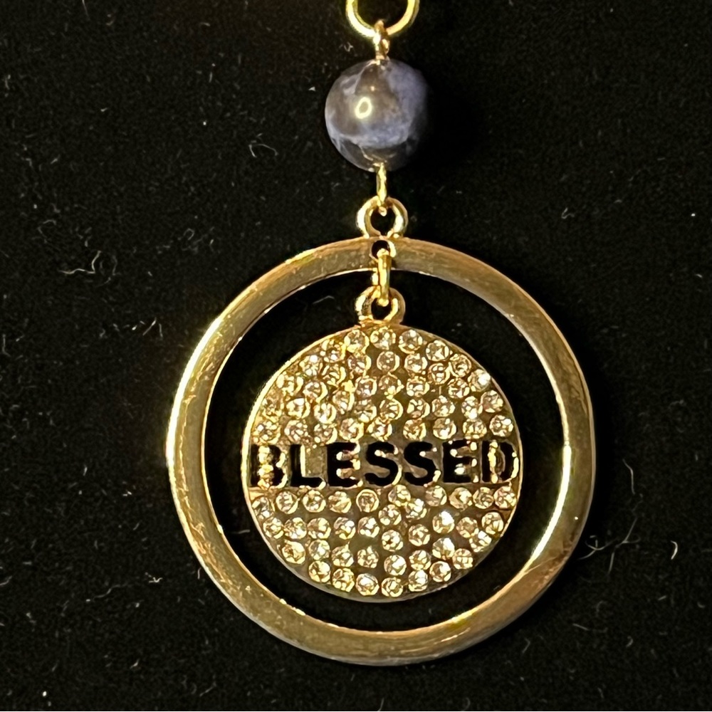 ‘Blessed’ Gold Tone Paper Clip Statement Necklace with Blue Beading - Picture 7 of 7